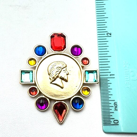 Jewel Tone Multicolor Rhinestone Gold Tone Statement Brooch Pin New - Picture 3 of 6